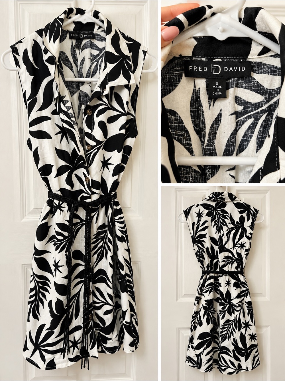 Fred David Black & White Tropical-Print Sleeveless Shirt Dress